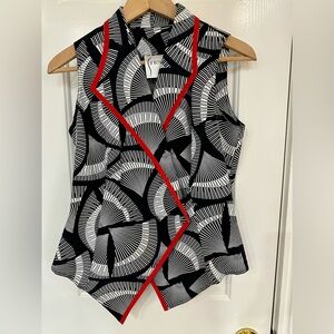 Finley Black & Red Sleeveless Patterned Blouse with Red Trim Women’s size Small